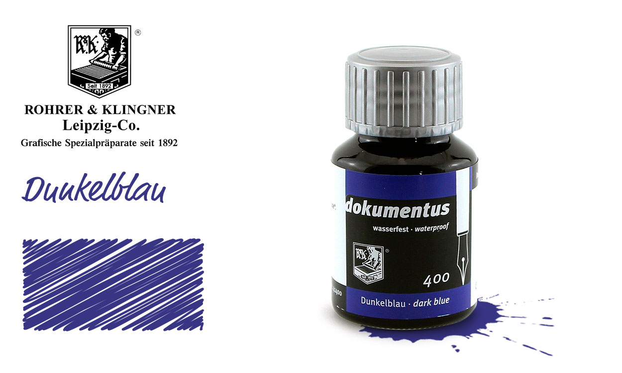 Rohrer & Klingner Documentus - Encre Pour Documents Permanente - Bleu Foncé, 50 Ml - Certifiée DIN ISO 12757-2, Indélébile, PH Neutre - Pour Stylo Plume